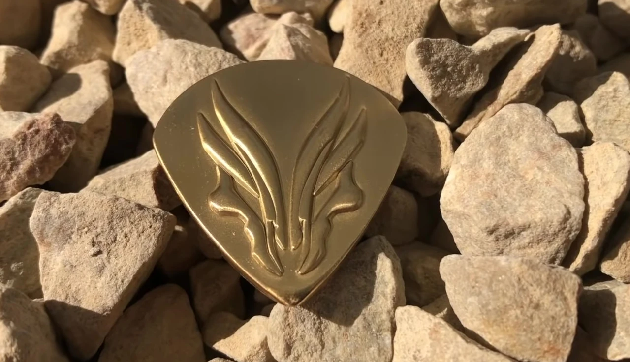 Close-up of the brass jazz shaped pick