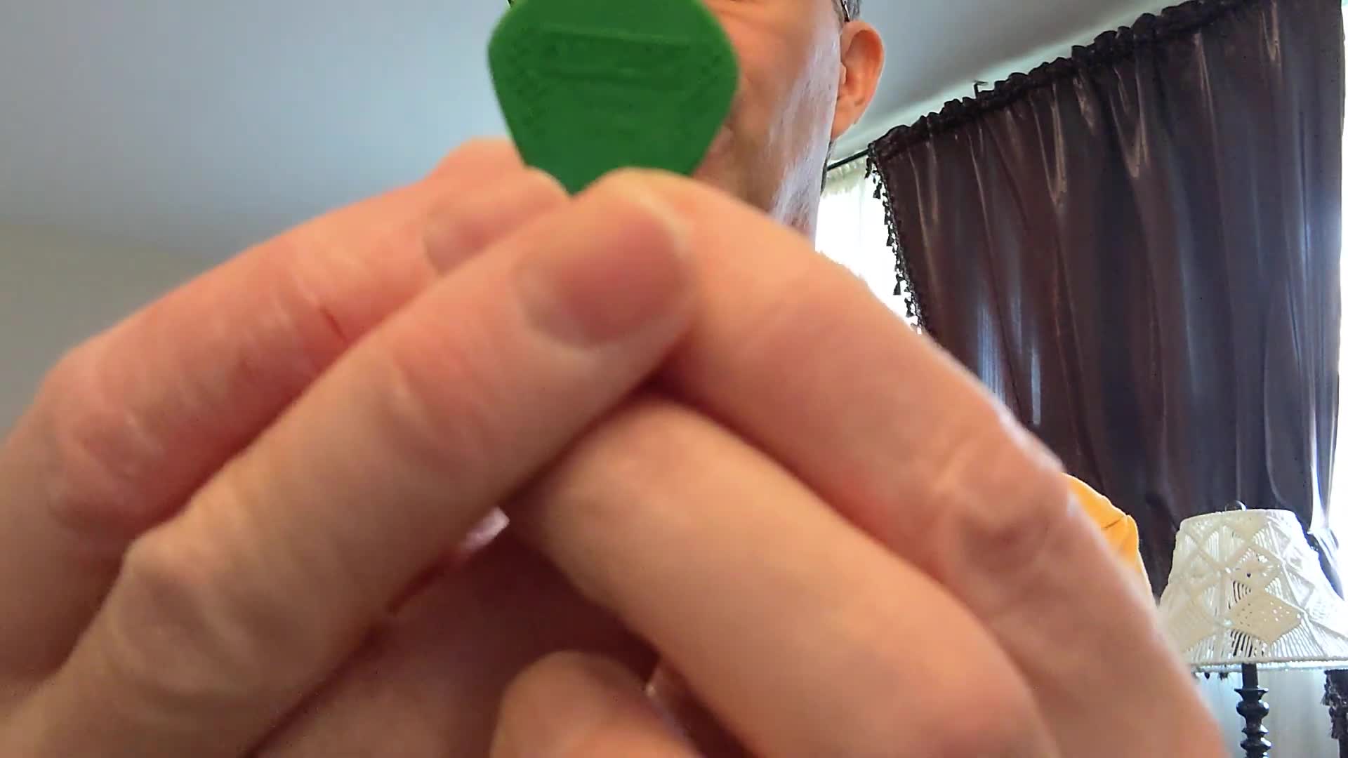 Close-up shot of the D'Addario Nylpro 1.4mm pick being held up to the camera.