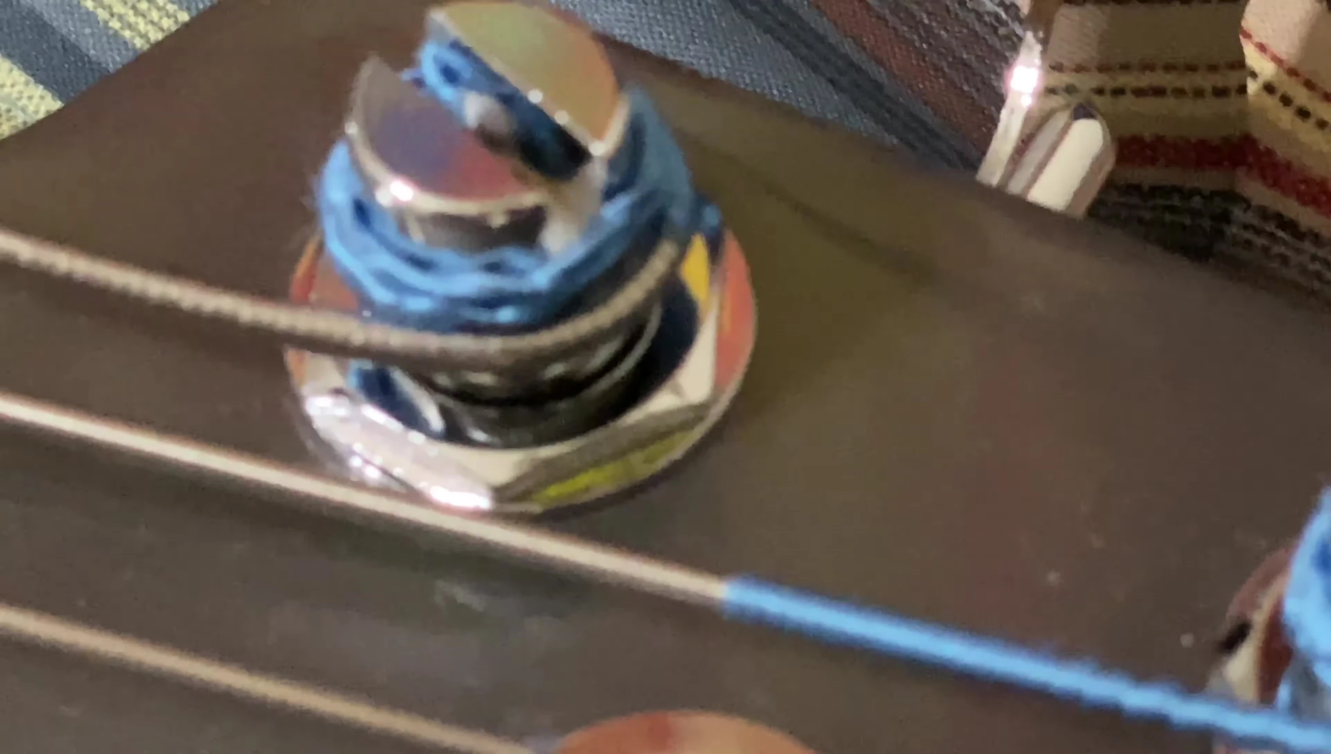 Speaker checking the intonation of the bass after string installation.
