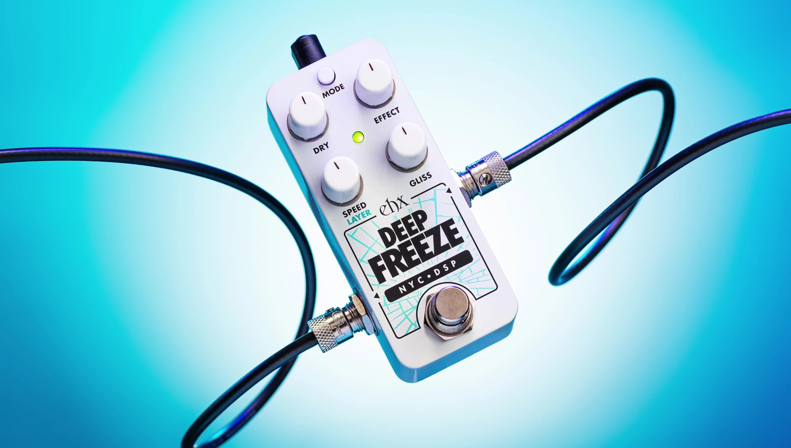 A musician demonstrating the Deep Freeze pedal's sustain capabilities.