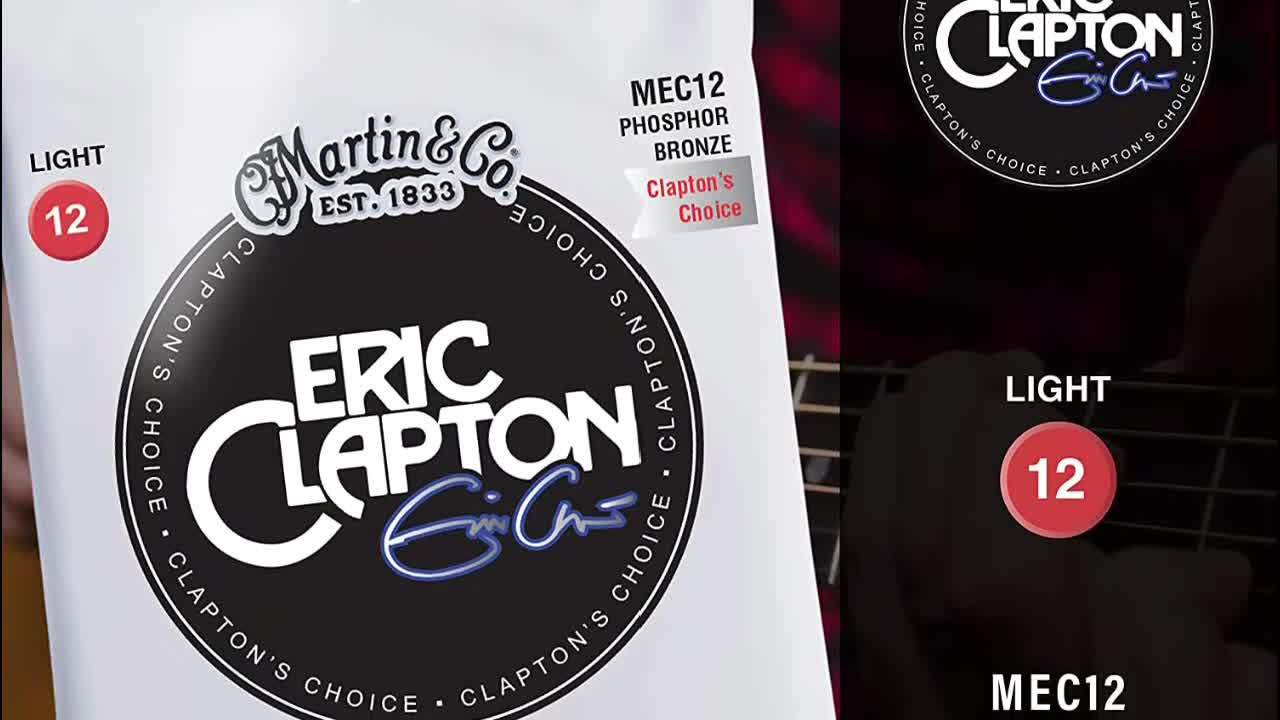 Close-up of Martin guitar strings packaging featuring Eric Clapton's endorsement.