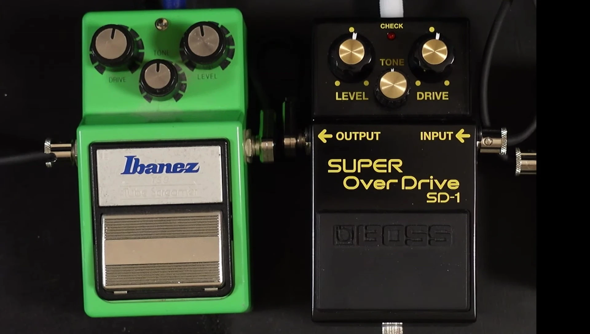 Close-up of the Boss SD-1 pedal