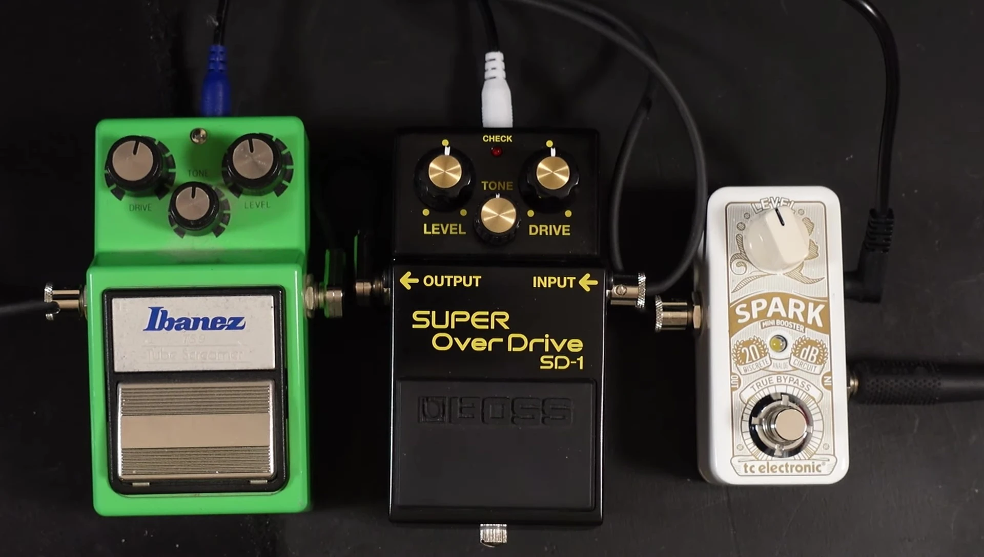Close-up of Boss SD-1 pedal