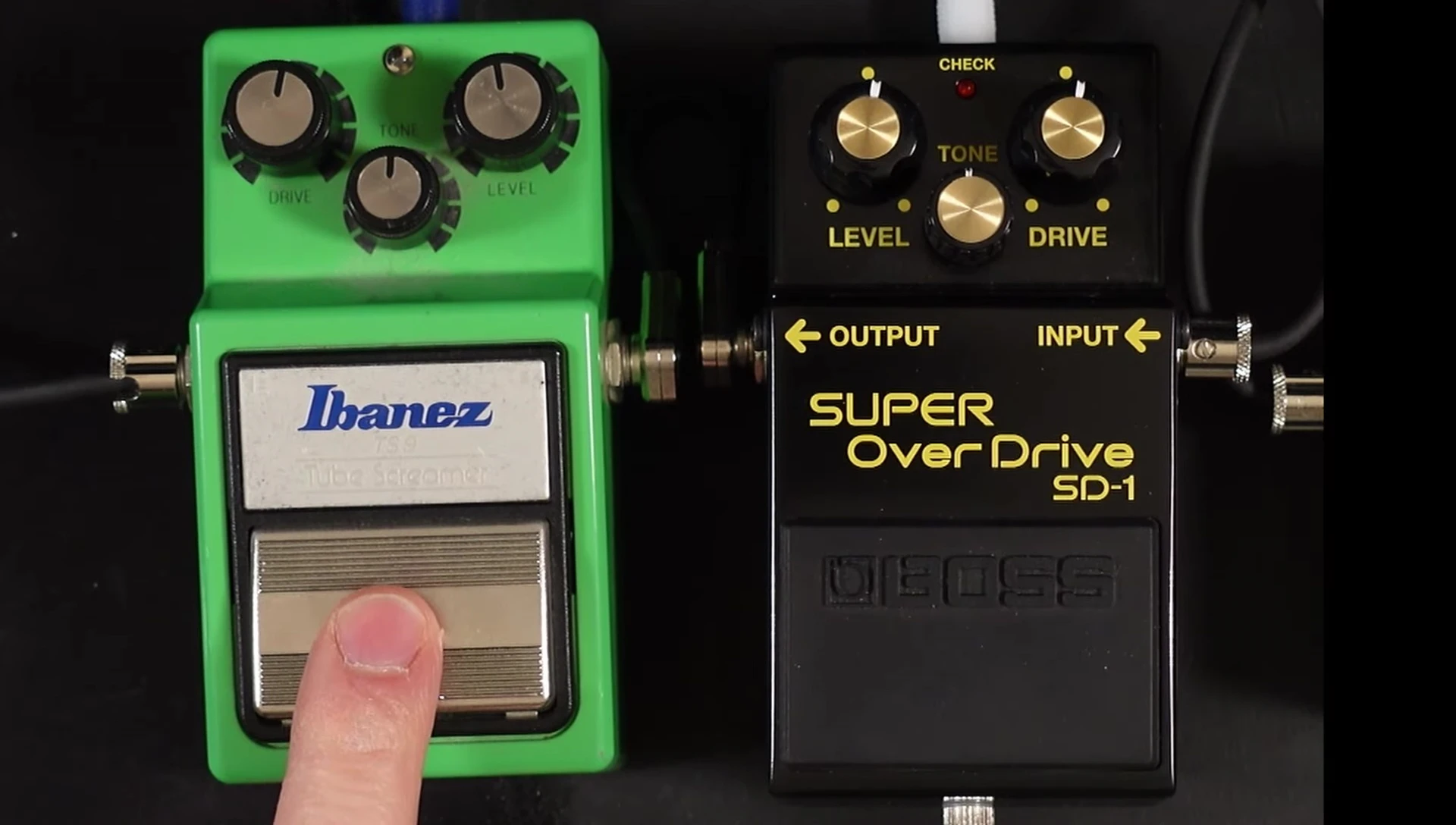 Close-up of the Ibanez Tube Screamer pedal