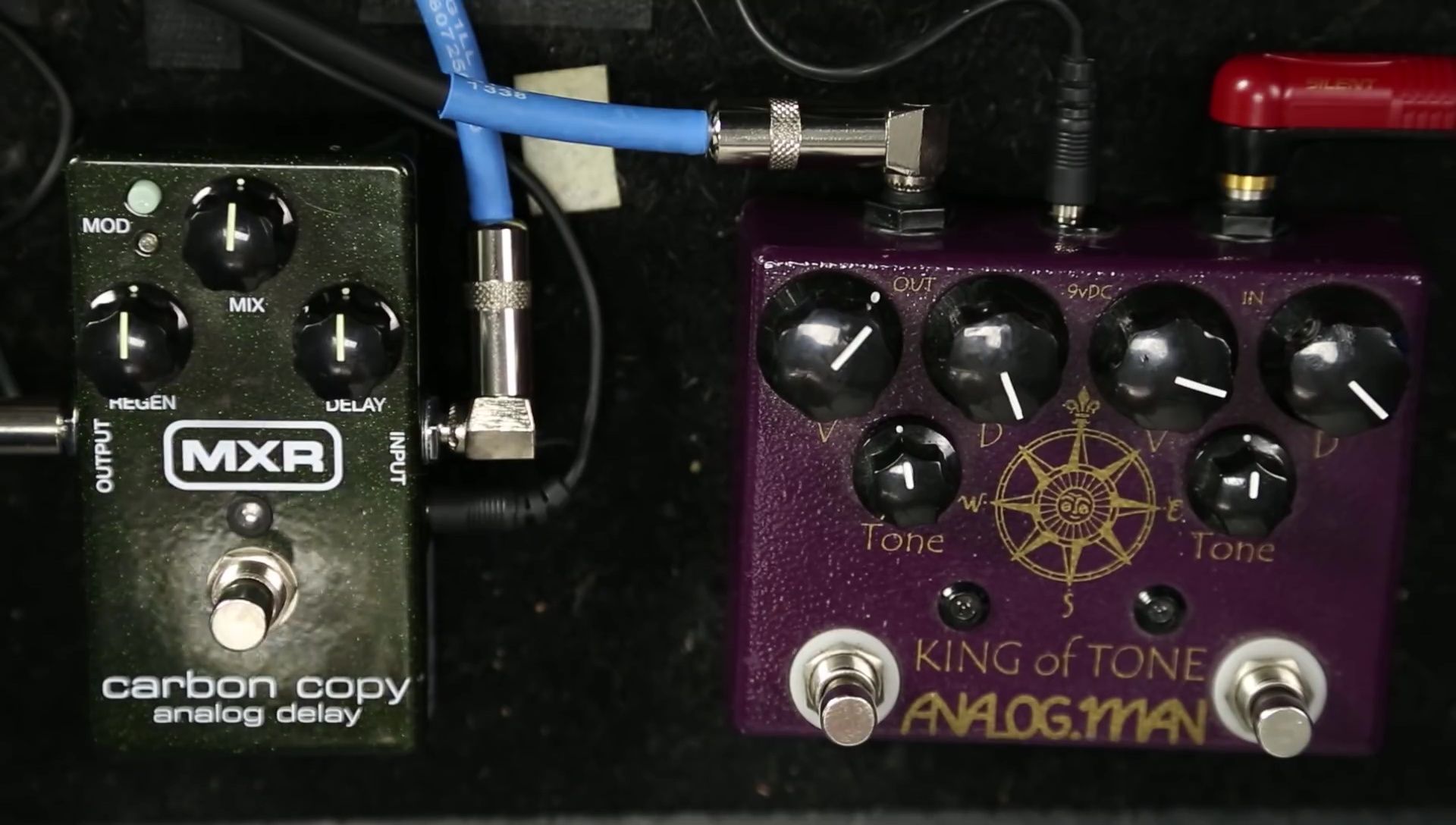 Close-up of the MXR Carbon Copy pedal in its packaging.