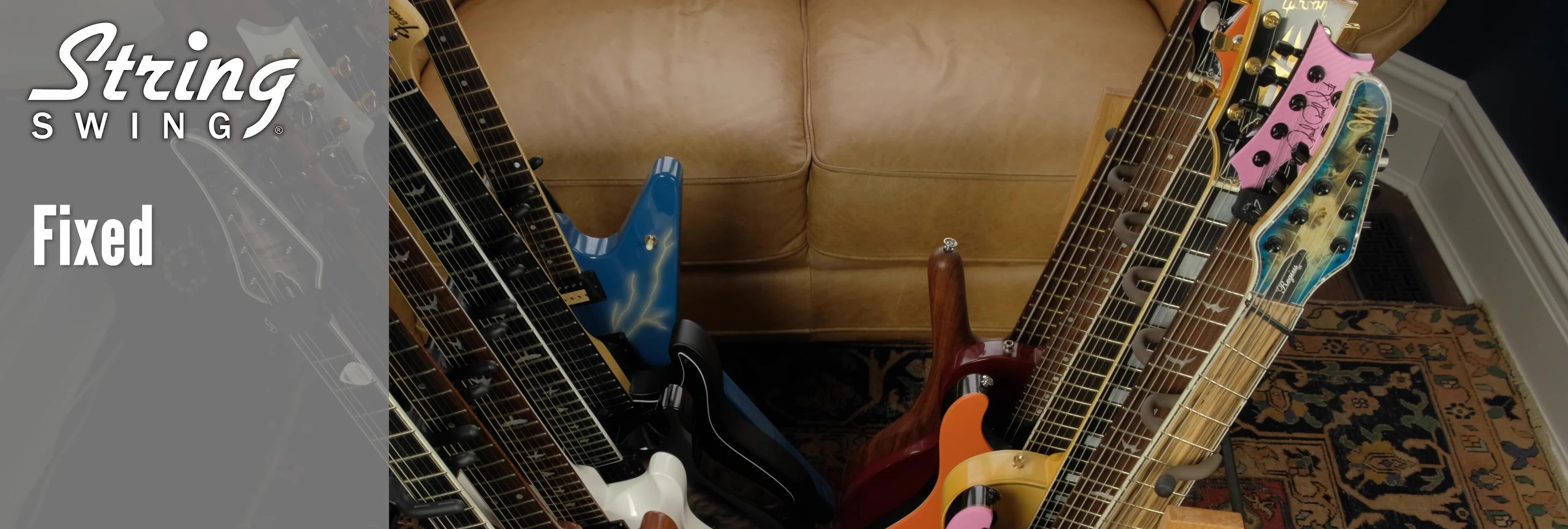 A view of the String Swing demonstrating its fixed design and six guitar slots.