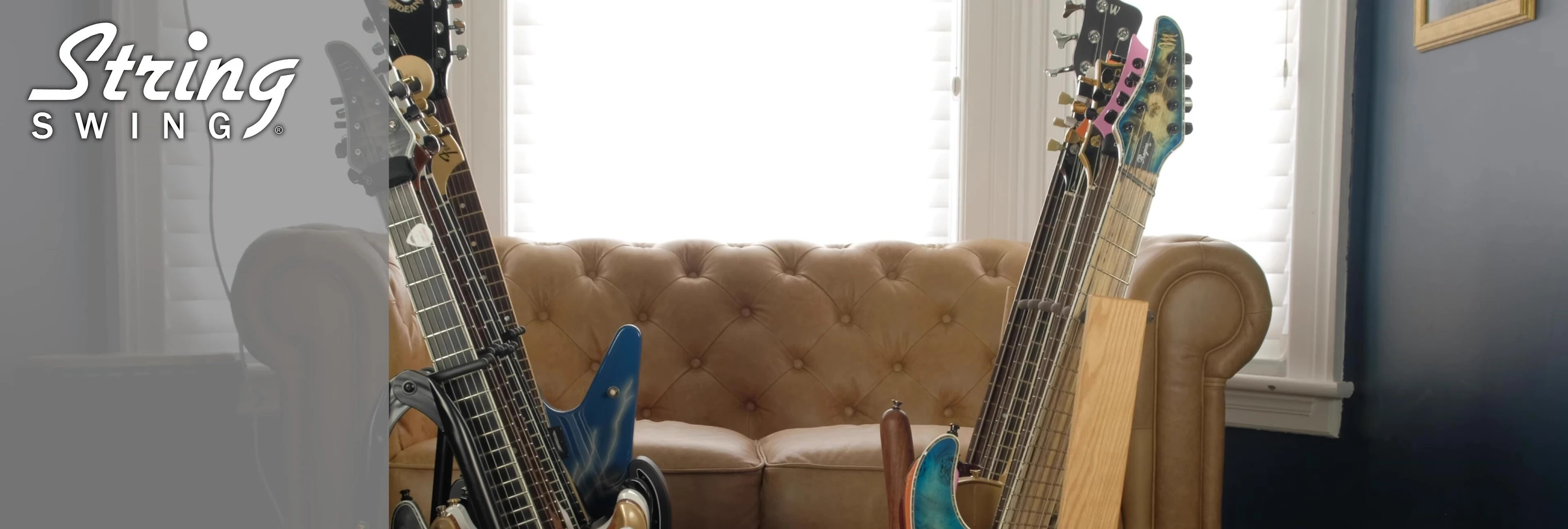 The String Swing with guitars loaded, showcasing the upright angle of the guitars.