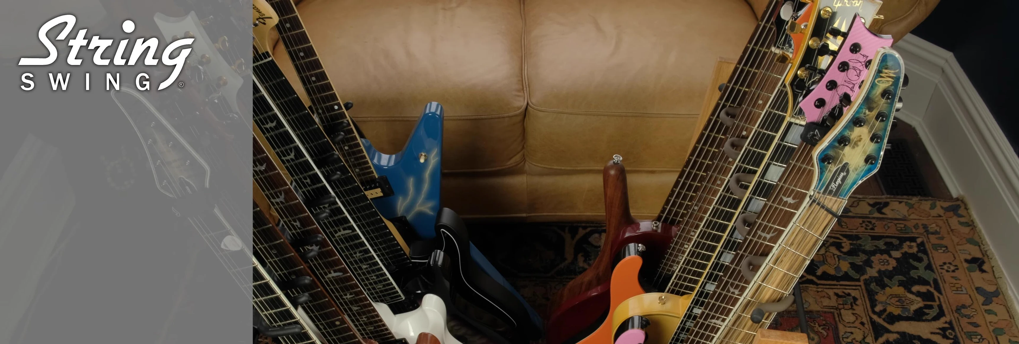 Demonstrates the close spacing on the String Swing, requiring more careful placement of guitars.