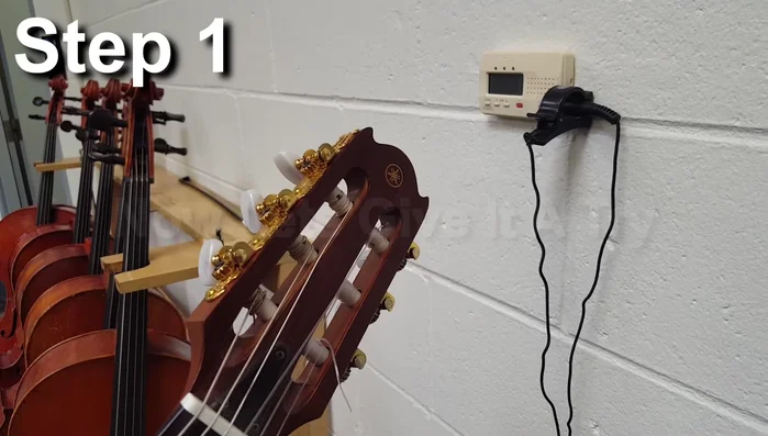 Turn on the tuner and ensure the frequency is set to 440 Hz.