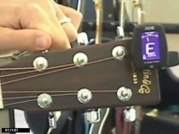 Adjust the tuning peg accordingly. Turning the peg clockwise tightens the string (raises the pitch), while turning it counter-clockwise loosens the string (lowers the pitch).