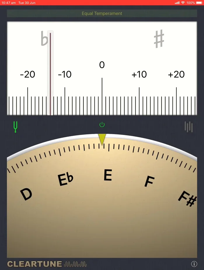 Adjust the tuning peg for each string until the green pointer on the app aligns with the correct note, and the needle is as close to zero as possible.