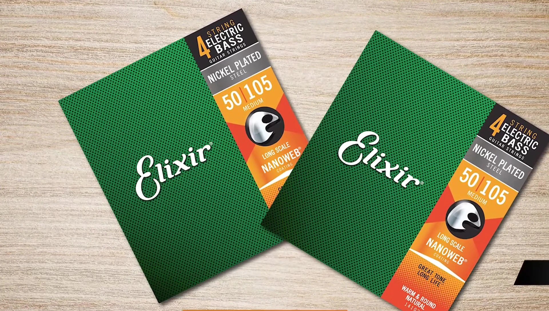 Close up of Elixir Nanoweb coated bass strings