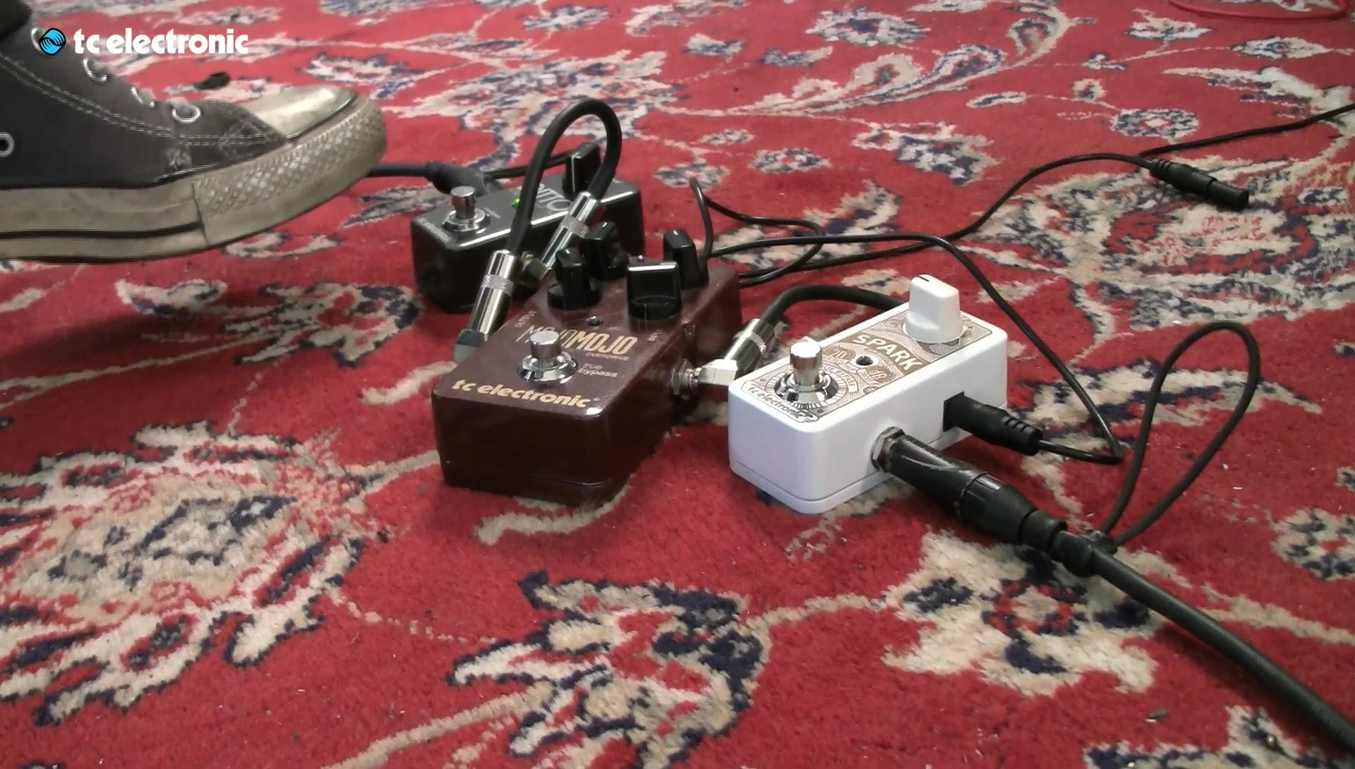 Summary shot of the Spark Mini Booster on a pedalboard.