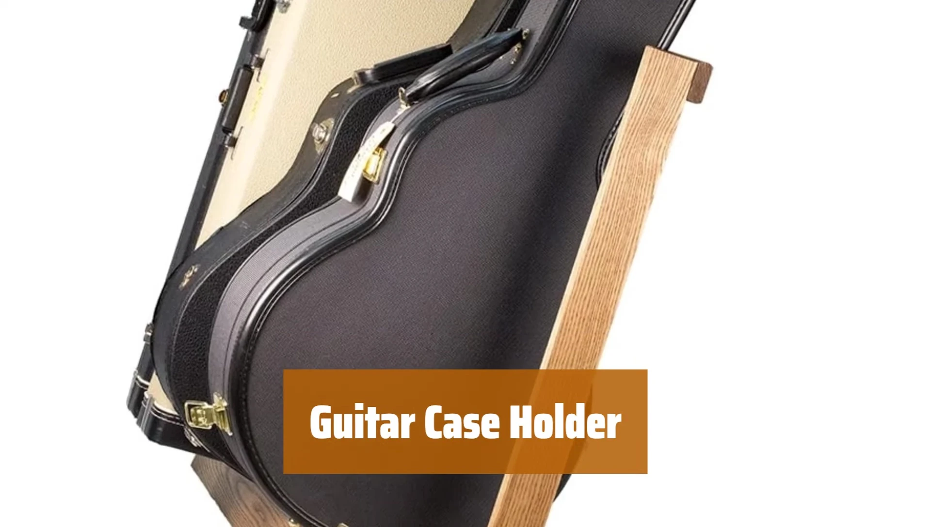 The hardwood guitar case rack with several guitar cases neatly displayed.