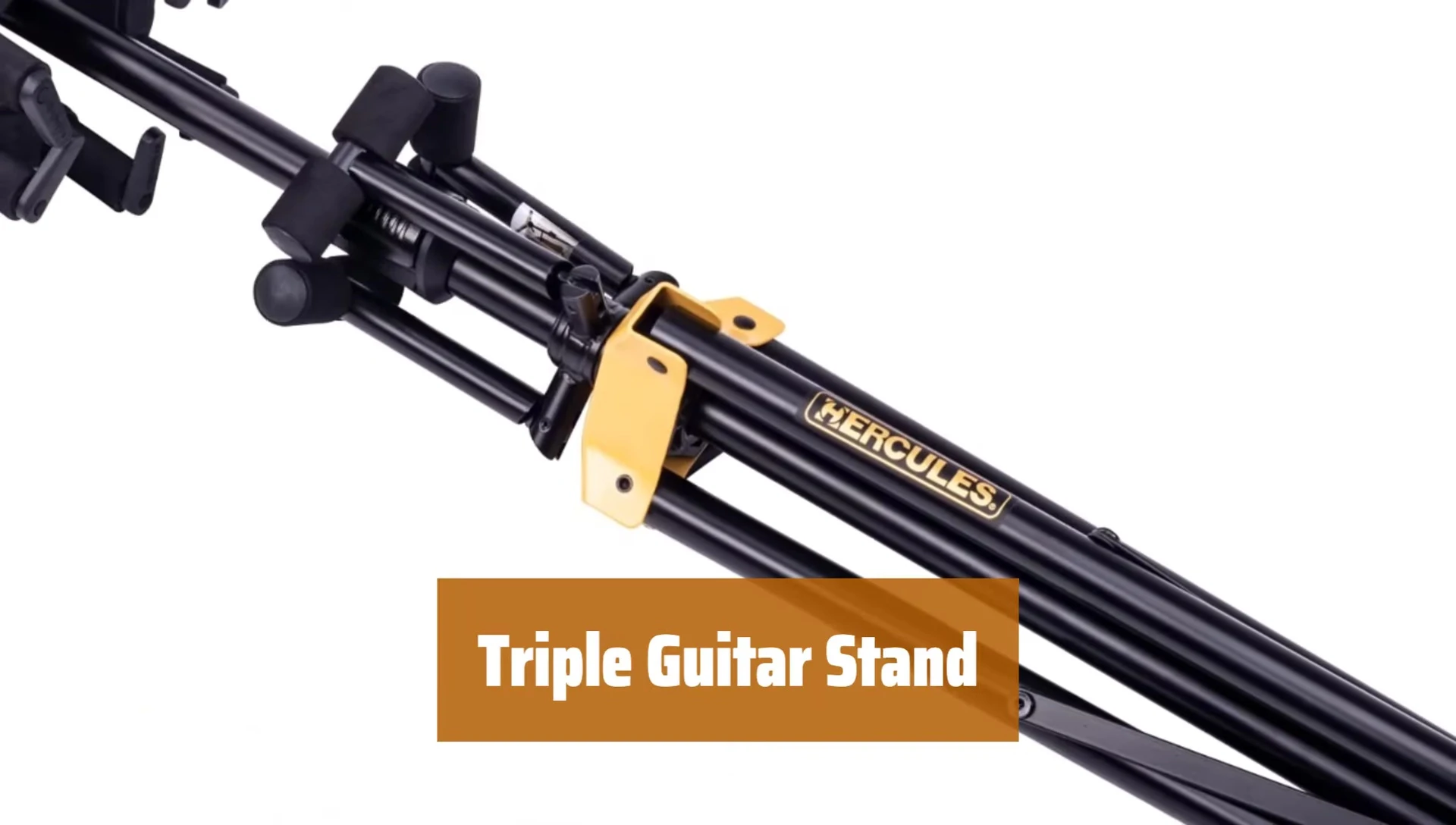 The triple guitar stand holding three guitars.