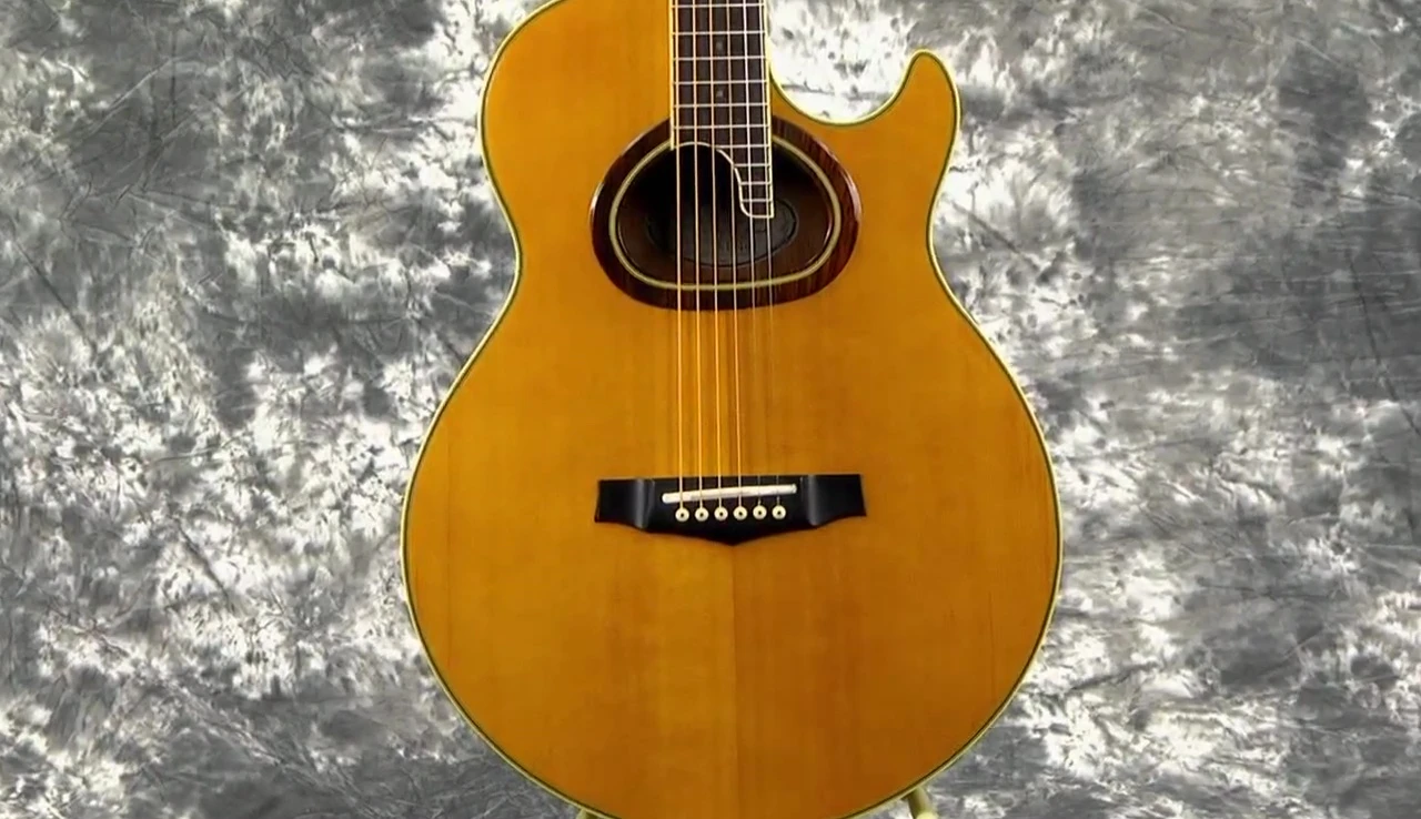 Detailed view of the guitar's unique soundhole and surrounding rosewood binding.