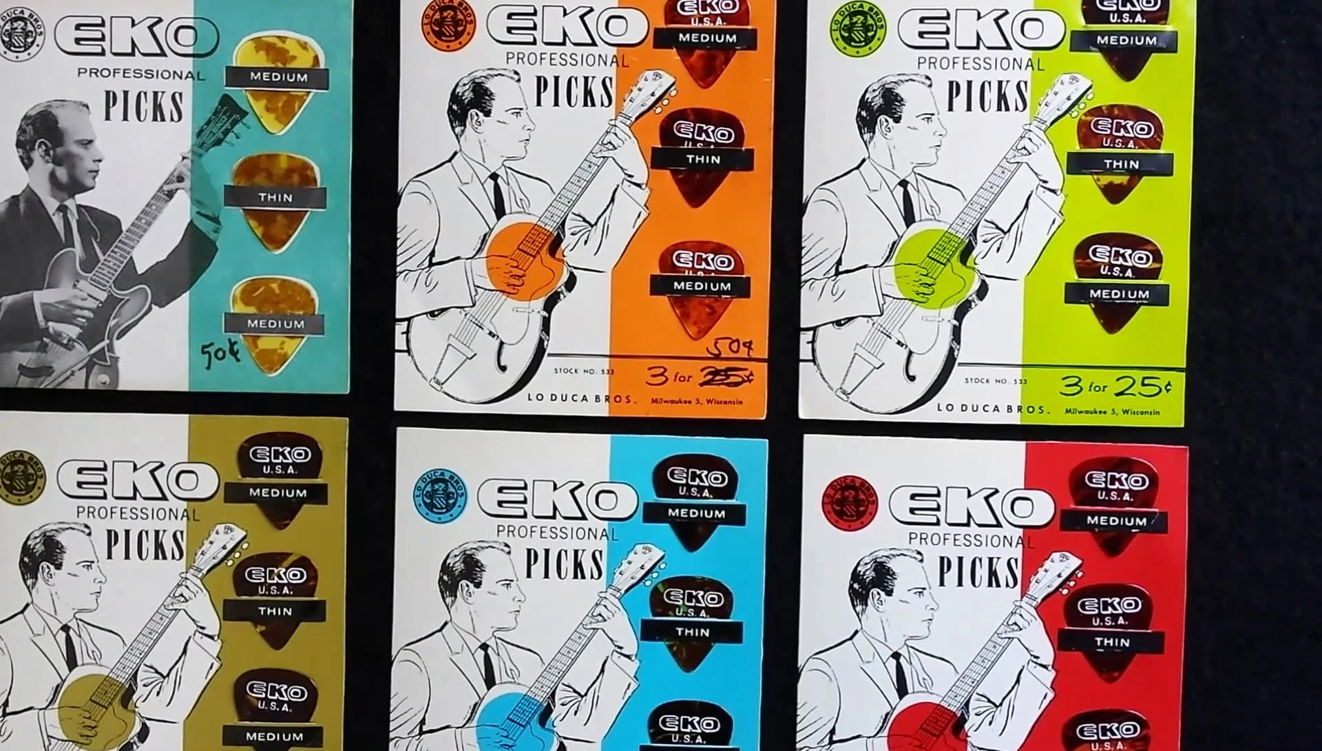 A collection of Eko pick cards showing various colors and designs