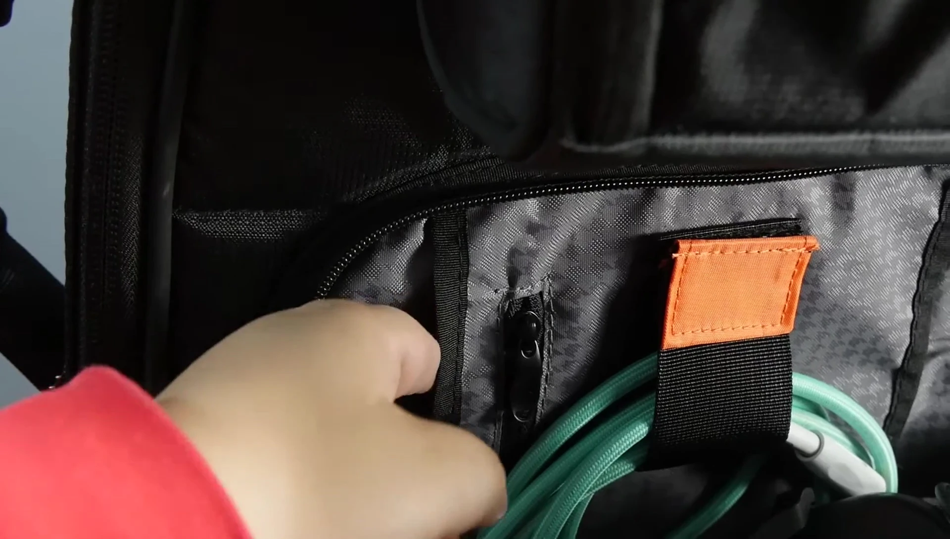 View showing multiple pockets and storage compartments for accessories.