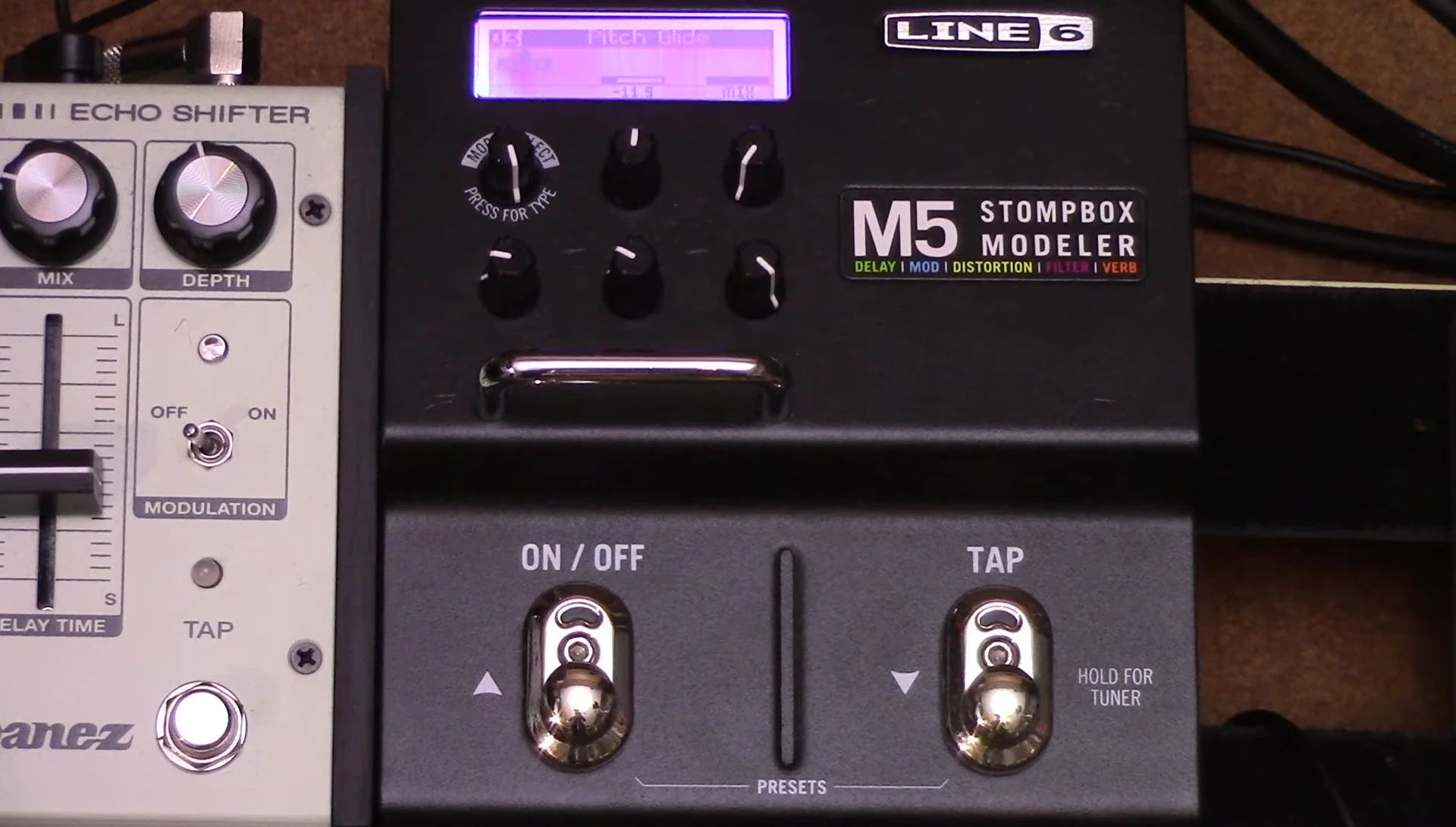 A Line 6 M5 multi-effects pedal.