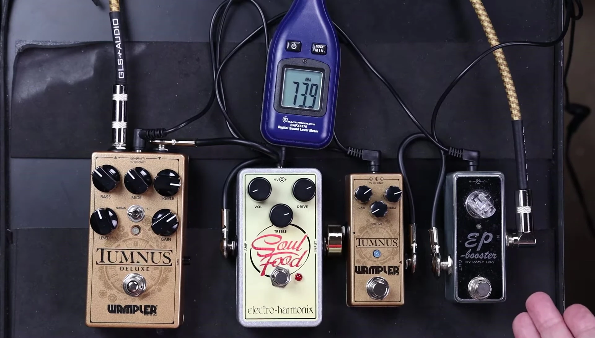 The four pedals lined up for comparison: Wampler Tumnus Deluxe, Wampler Tumnus, Soul Food, and EP Booster