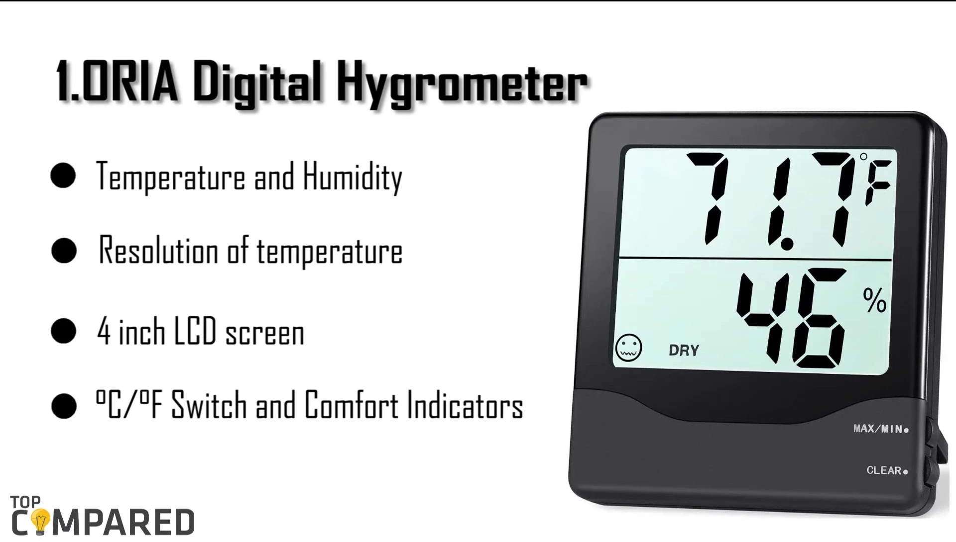 The OREA digital hygrometer displayed