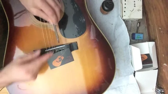 Use a flathead screwdriver (or similar flat, stiff object) to leverage the bridge pin out using the saddle as a fulcrum.