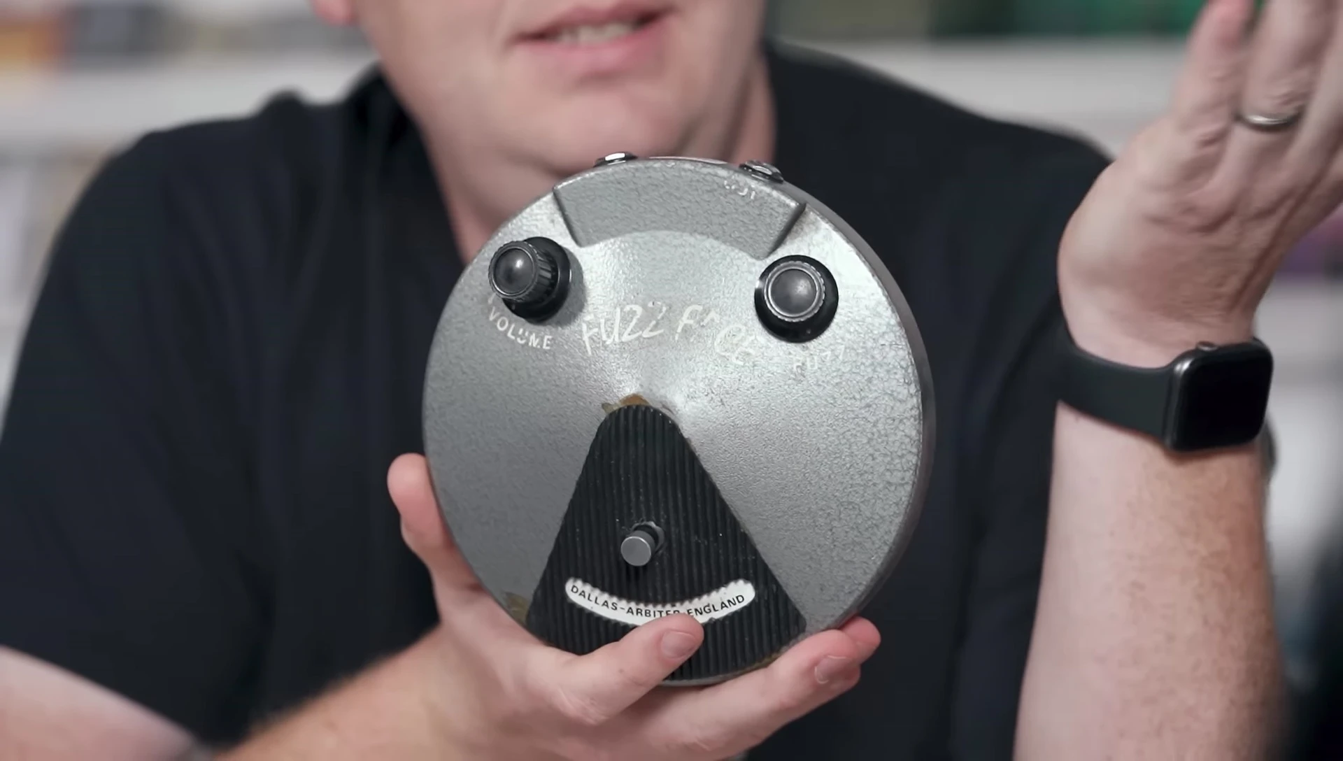 A close-up shot of a Fuzz Face pedal.